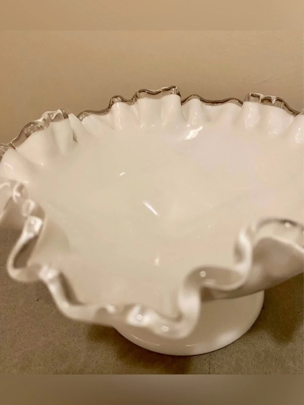 Vintage Fenton White Glass Silver Crest Ruffled Edge Pedestal Compote Bowl